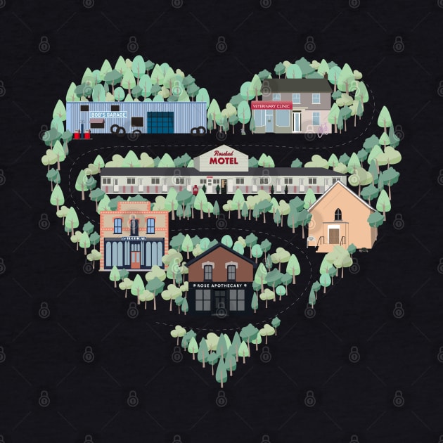 I Love the Town of Schitt's Creek, where everyone fits in. From the Rosebud Motel to Rose Apothecary, a drawing of the Schitt's Creek Buildings by YourGoods